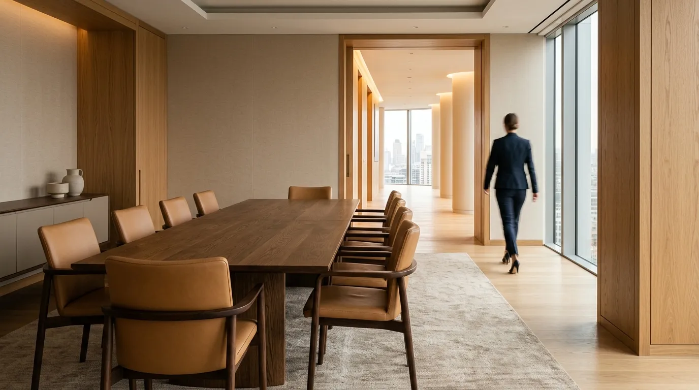 An executive conference room with a long wood table and city views as someone walks by.